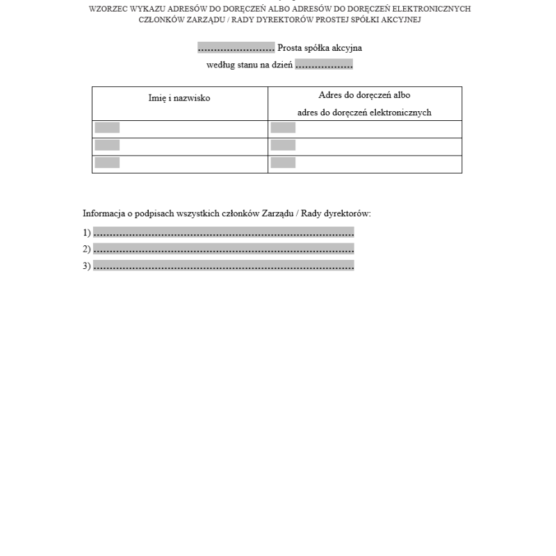 Wykaz adresów do doręczeń albo adresów do doręczeń elektronicznych członków zarządu / rady dyrektorów prostej spółki akcyjnej