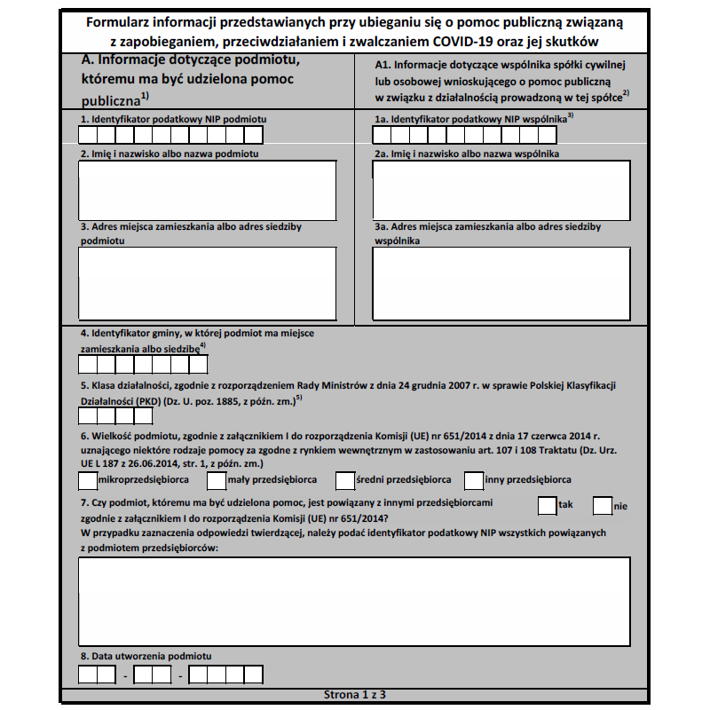 Formularz informacji przedstawianych przy ubieganiu się o pomoc publiczną związaną z zapobieganiem, przeciwdziałaniem i zwalczaniem COVID-19 oraz jej skutków