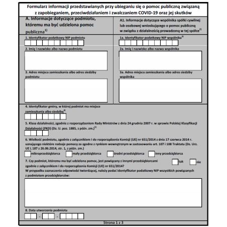 Formularz informacji przedstawianych przy ubieganiu się o pomoc publiczną związaną z zapobieganiem, przeciwdziałaniem i zwalczaniem COVID-19 oraz jej skutków