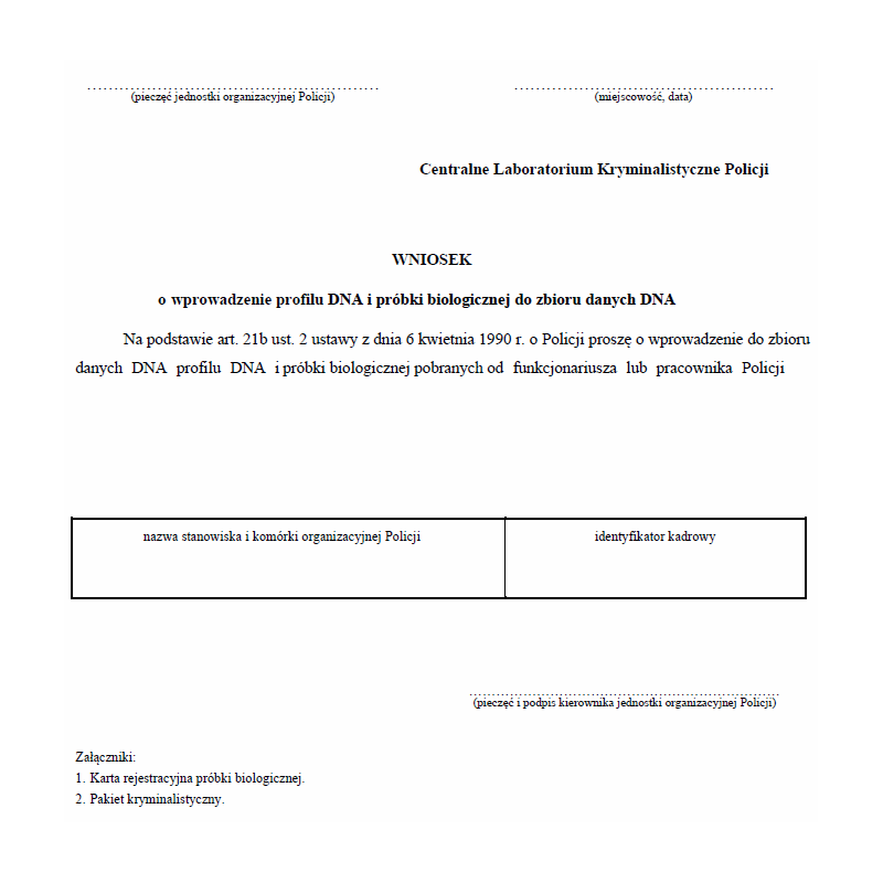 Wniosek o wprowadzenie profilu DNA i próbki biologicznej do zbioru danych DNA