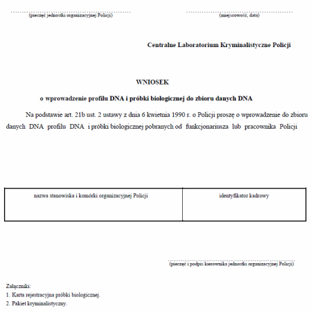 Wniosek o wprowadzenie profilu DNA i próbki biologicznej do zbioru danych DNA