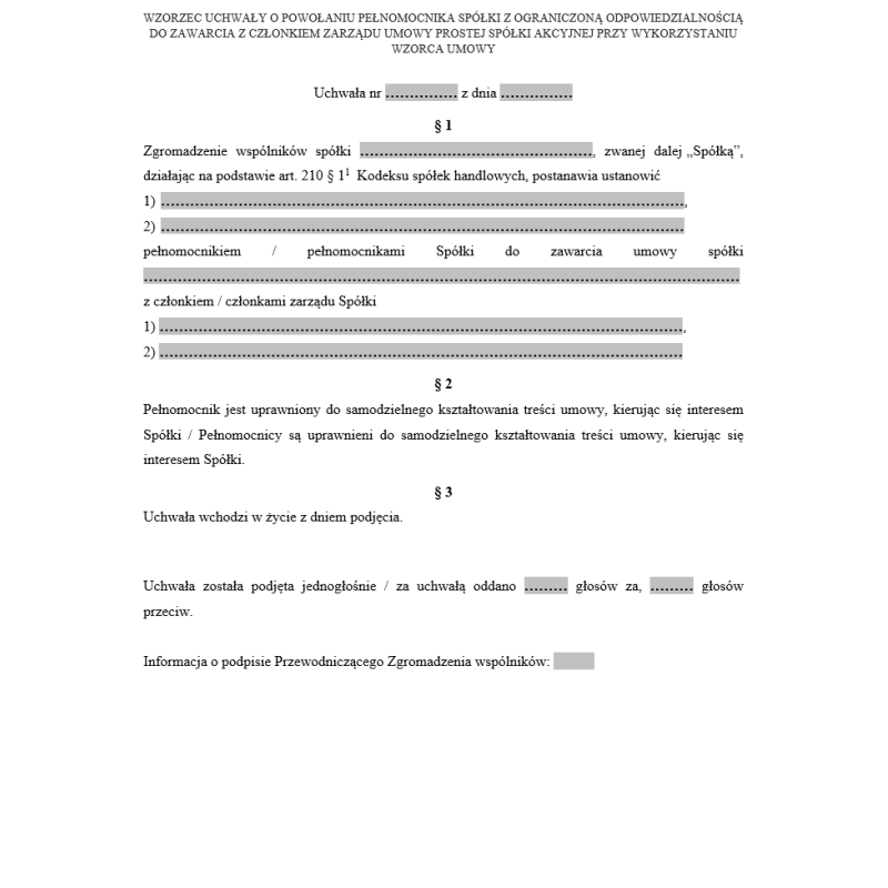 Uchwała o powołaniu pełnomocnika spółki z o.o. do zawarcia z członkiem zarządu umowy prostej spółki akcyjnej przy wykorzystaniu wzorca umowy