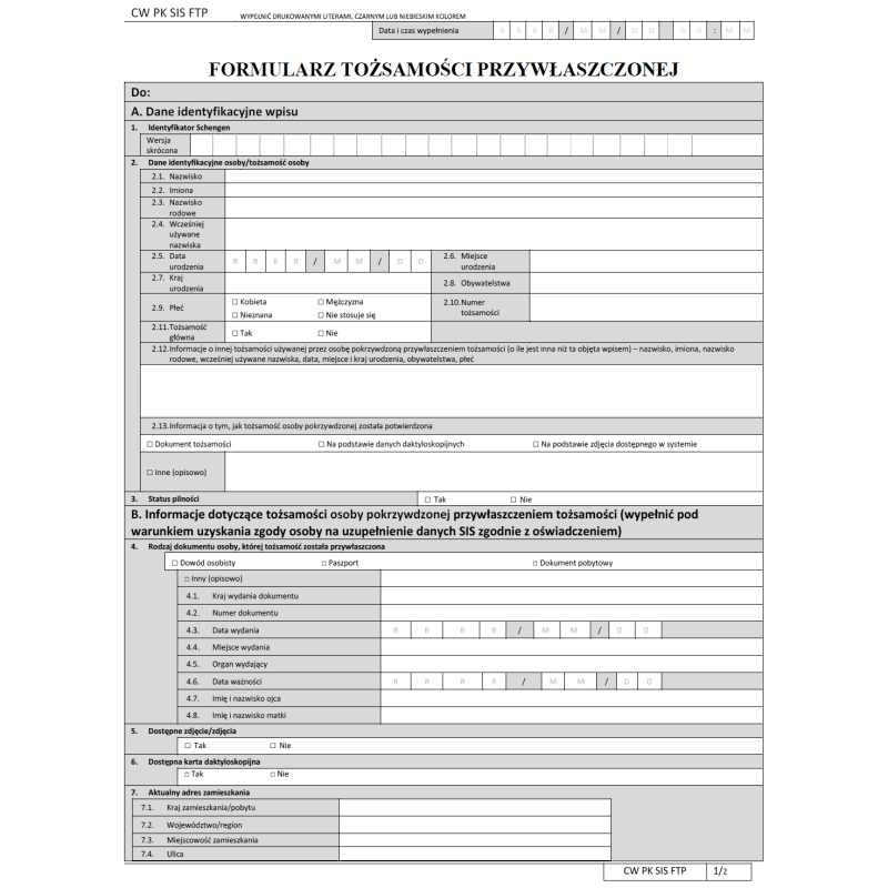 CW PK SIS FTP Formularz tożsamości przywłaszczonej