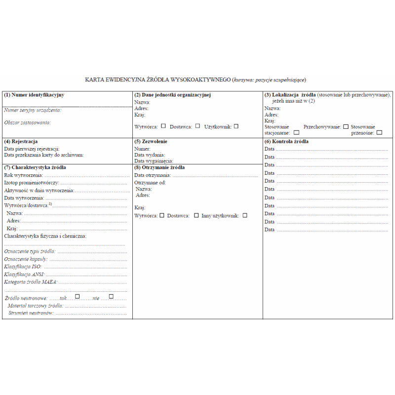 Karta ewidencyjna źródła wysokoaktywnego