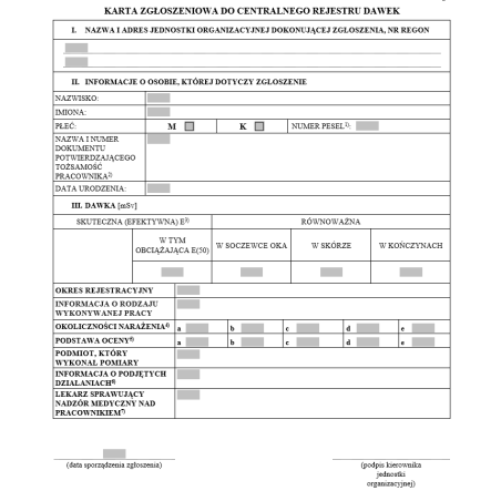 Karta zgłoszeniowa / Karta ewidencyjna Centralnego Rejestru Dawek