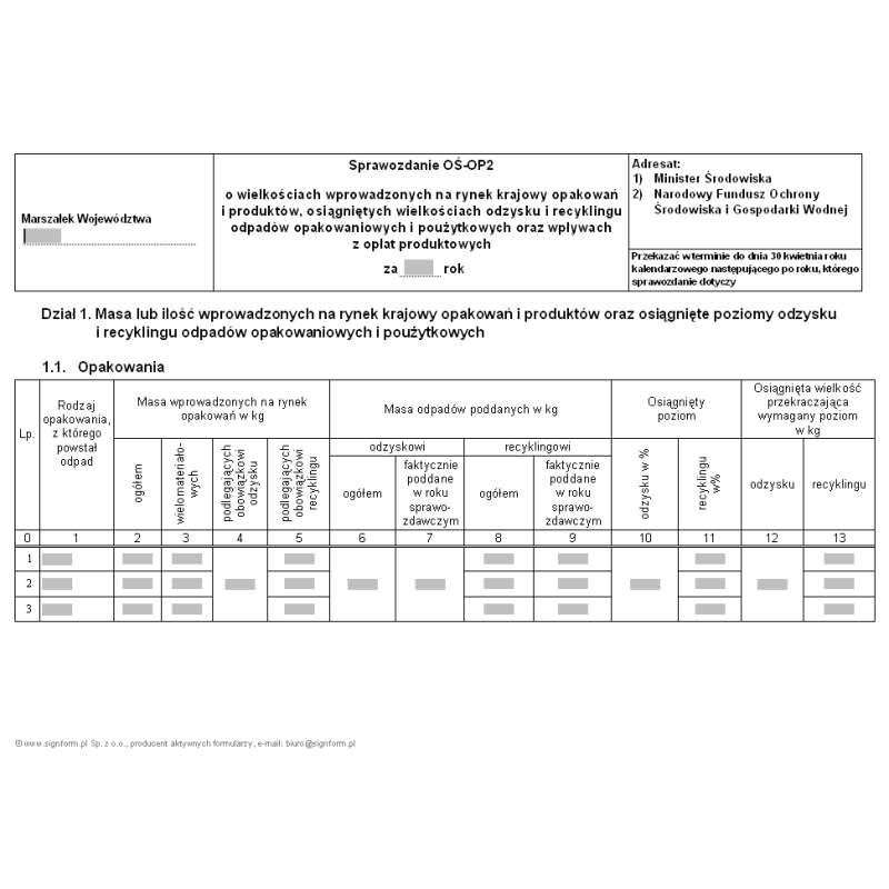 Sprawozdanie OŚ-OP2 o wielkościach wprowadzonych na rynek krajowy opakowań i produktów, osiągniętych wielkościach odzysku i recyklingu odpadów opakowaniowych i poużytkowych oraz wpływach z opłat produktowych