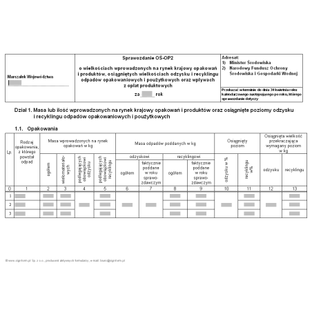 Sprawozdanie OŚ-OP2 o wielkościach wprowadzonych na rynek krajowy opakowań i produktów, osiągniętych wielkościach odzysku i recyklingu odpadów opakowaniowych i poużytkowych oraz wpływach z opłat produktowych