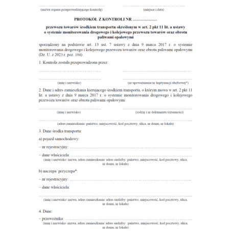 Protokół kontroli przewozu towarów środkiem transportu określonym w art. 2 pkt 11 lit. a-b ustawy o systemie monitorowania drogowego i kolejowego przewozu towarów oraz obrotu paliwami opałowymi