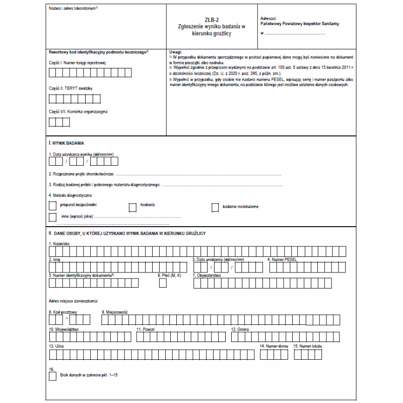 ZLB-2 Zgłoszenie wyniku badania w kierunku gruźlicy