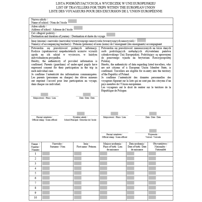 Lista podróżujących dla wycieczek w Unii Europejskiej