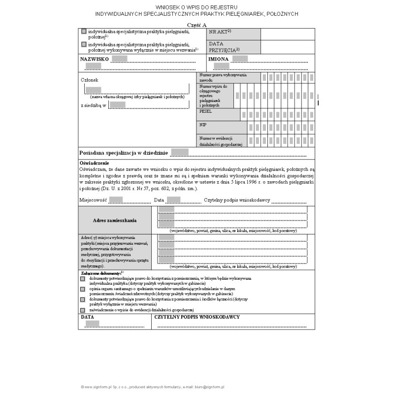 Wniosek o wpis do rejestru indywidualnych specjalistycznych praktyk pielęgniarek, położnych
