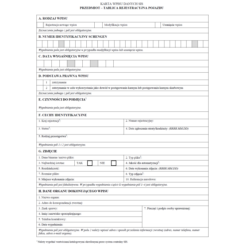 Karta wpisu danych SIS - Przedmiot - Tablica rejestracyjna pojazdu