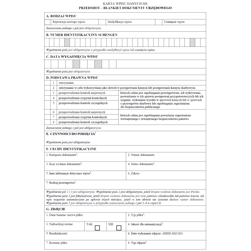 Karta wpisu danych SIS - Przedmiot - Blankiet dokumentu urzędowego