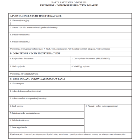 Karta zapytania o dane SIS - Przedmiot - Dowód rejestracyjny pojazdu