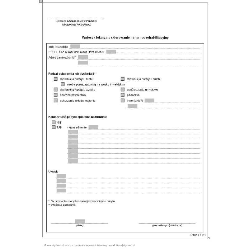 Wniosek lekarza o skierowanie na turnus rehabilitacyjny