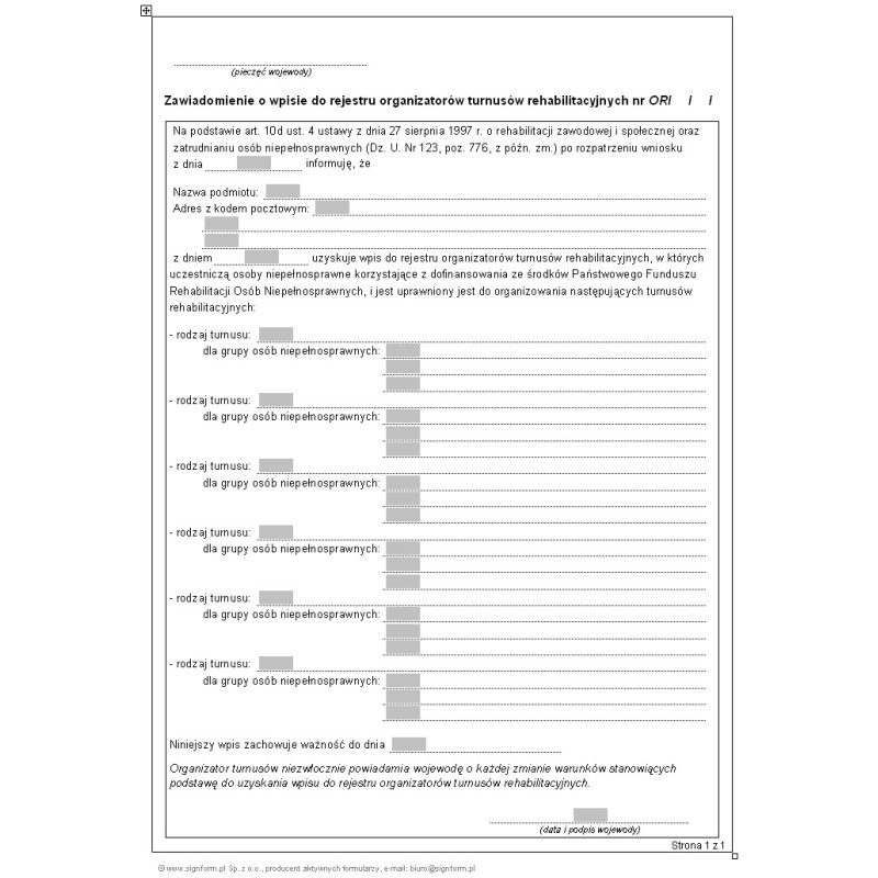 Zawiadomienie o wpisie do rejestru organizatorów turnusów rehabilitacyjnych