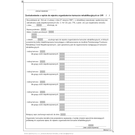 Zawiadomienie o wpisie do rejestru organizatorów turnusów rehabilitacyjnych