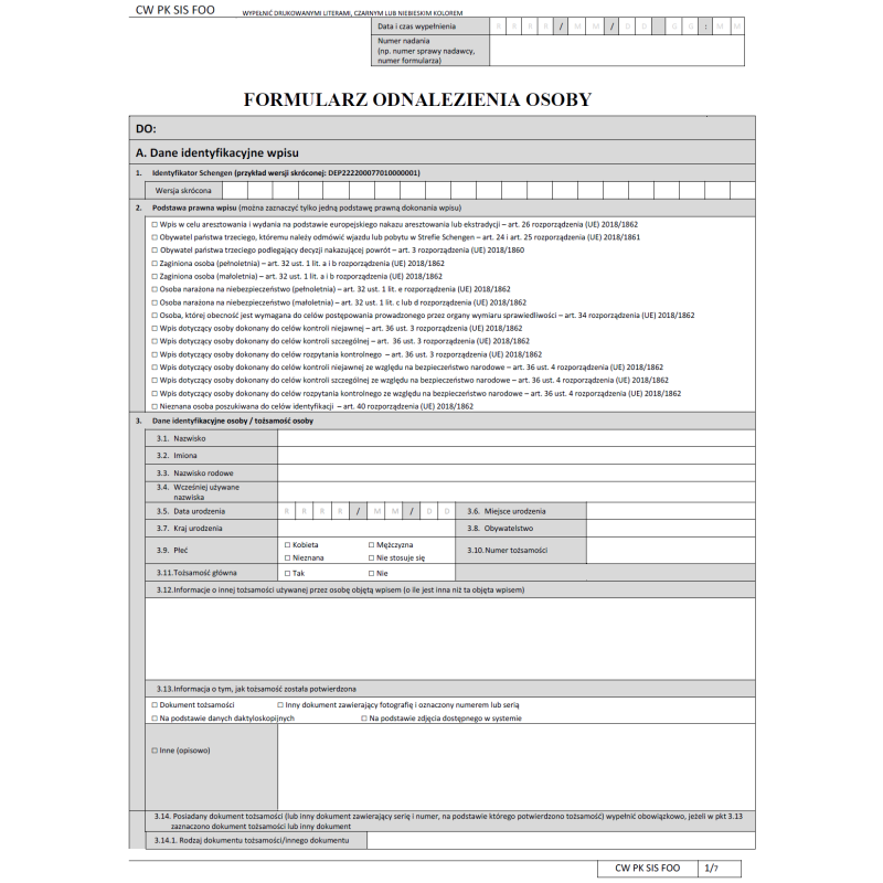 CW PK SIS FOO Formularz odnalezienia osoby (SIS)