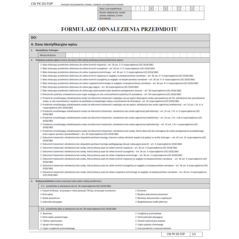 CW PK SIS FOP Formularz odnalezienia przedmiotu (SIS)