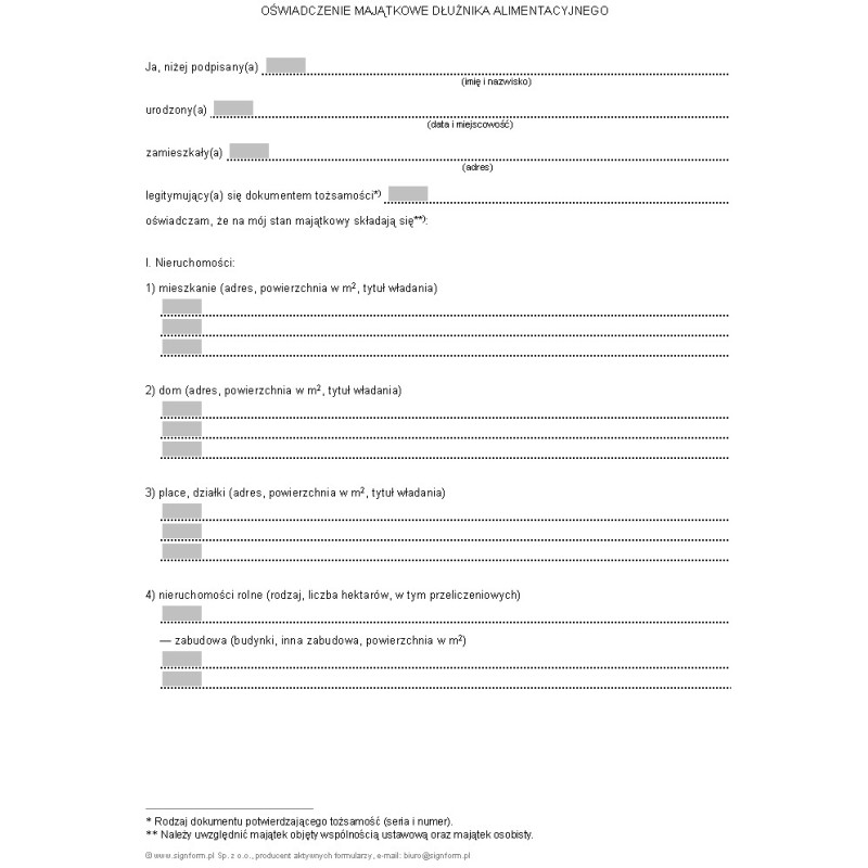 Oświadczenie majątkowe dłużnika alimentacyjnego