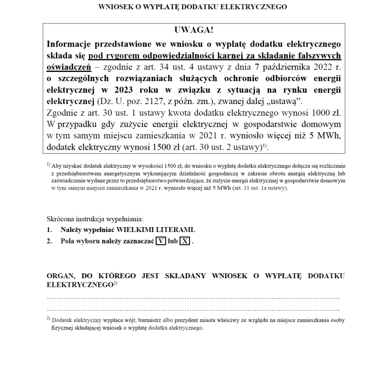 Wniosek o wypłatę dodatku elektrycznego