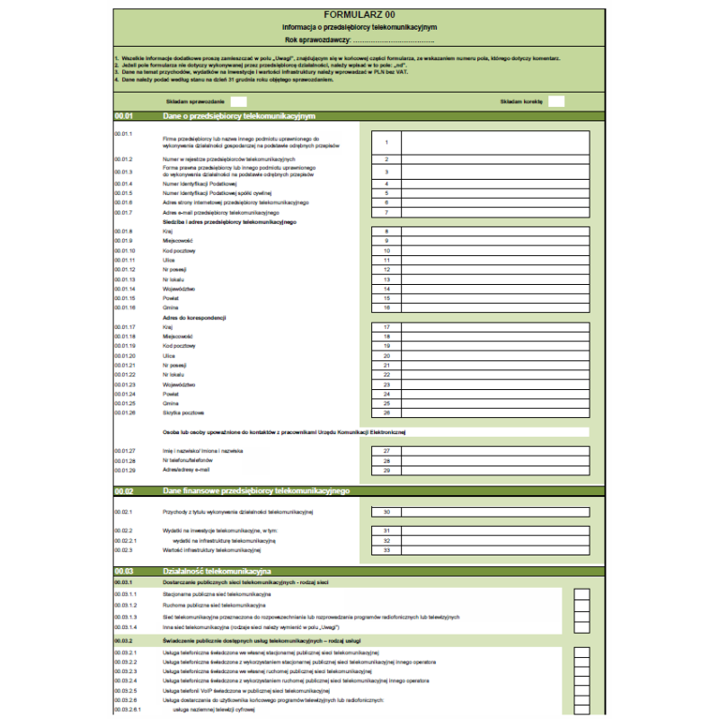 Formularz 00 - Informacja o przedsiębiorcy telekomunikacyjnym