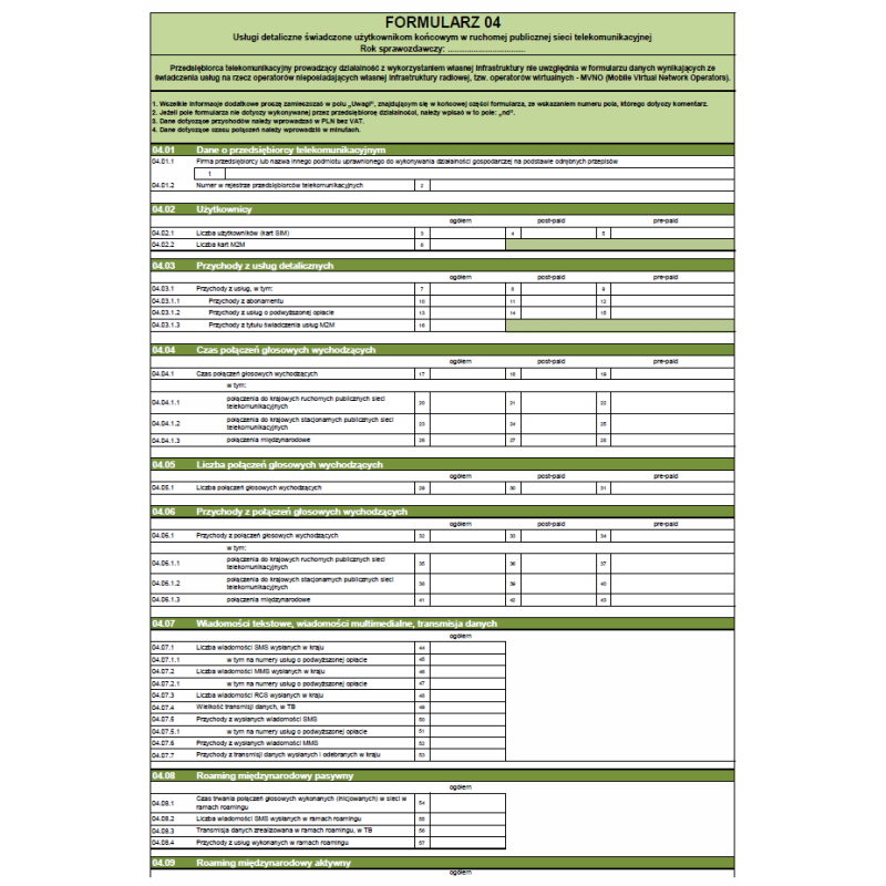 Formularz 04 - Usługi detaliczne świadczone użytkownikom końcowym w ruchomej publicznej sieci telekomunikacyjnej