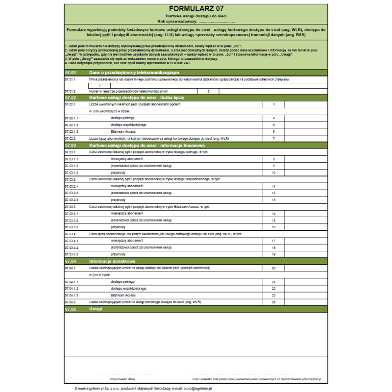 Formularz 07 - Hurtowe usługi dostępu do sieci