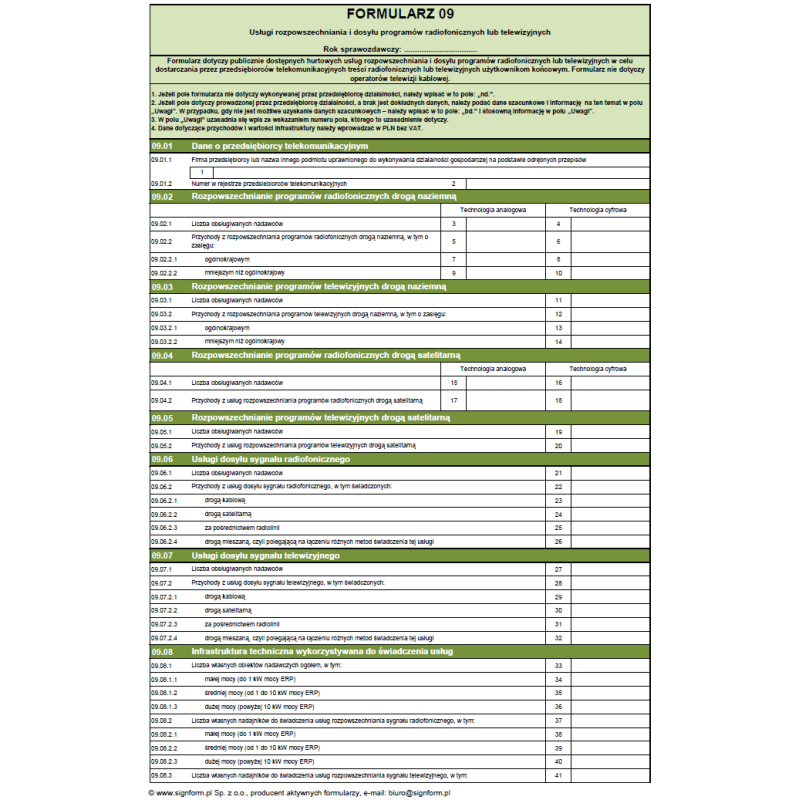 Formularz 09 - Usługi rozpowszechniania i dosyłu programów radiofonicznych lub telewizyjnych