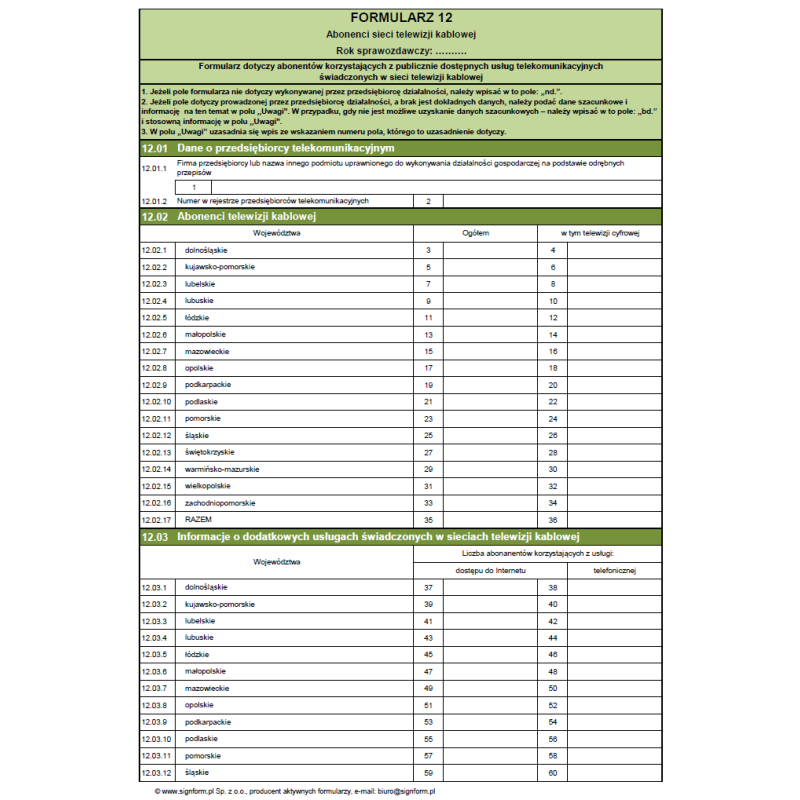 Formularz 12 - Abonenci sieci telewizji kablowej