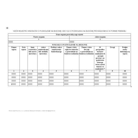 Wzór rejestru wniosków o pozwolenie na budowę i decyzji o pozwoleniu na budowę prowadzonego w formie pisemnej