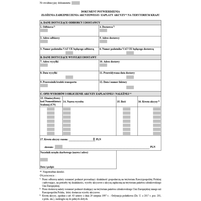Dokument potwierdzenia złożenia zabezpieczenia akcyzowego / zapłaty akcyzy na terytorium kraju