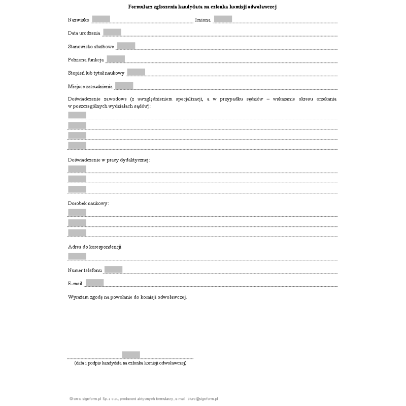 Formularz zgłoszenia kandydata na członka komisji odwoławczej (egzamin radcowski)