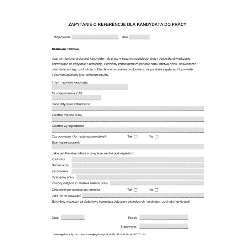 Zapytanie o referencje kandydata do pracy