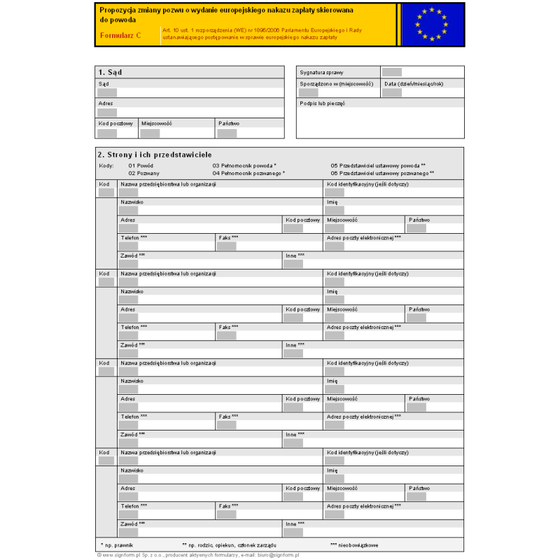 Propozycja zmiany pozwu o wydanie europejskiego nakazu zapłaty skierowana do powoda