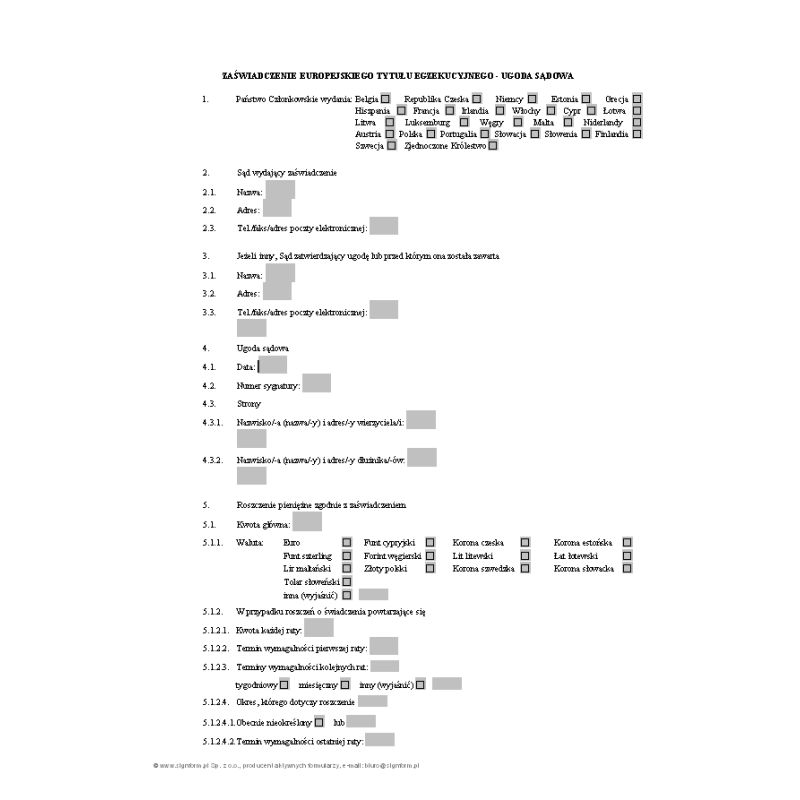 Zaświadczenie Europejskiego Tytułu Ezgekucyjnego - Ugoda Sądowa