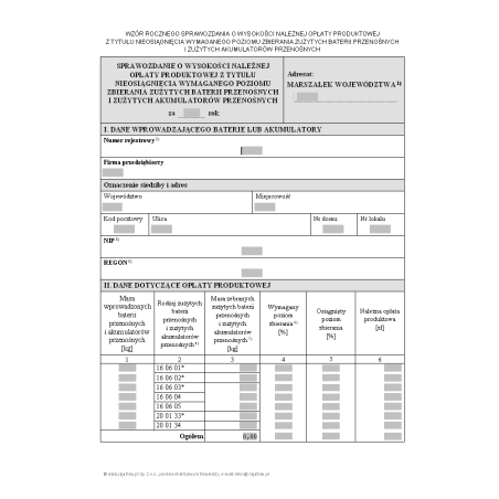 Sprawozdanie o wysokości należnej opłaty produktowej z tytułu nieosiągnięcia wymaganego poziomu zbierania zużytych baterii przenośnych i zużytych akumulatorów przenośnych