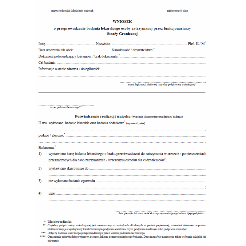 Karta i Wniosek o przeprowadzenie badania lekarskiego osoby zatrzymanej przez funkcjonariuszy Straży Granicznej