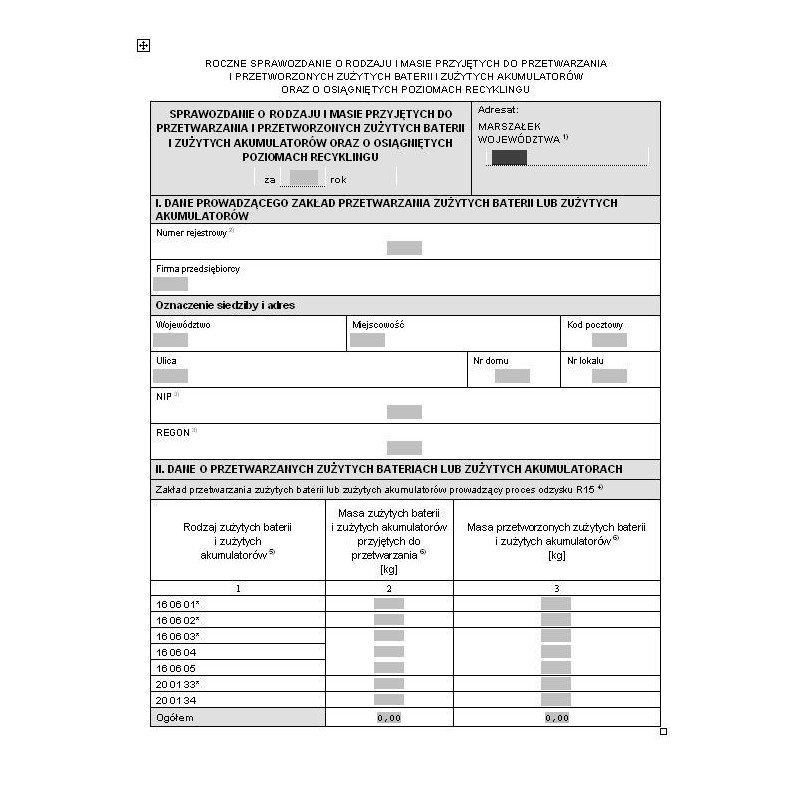Roczne sprawozdanie o rodzaju i masie przyjętych do przetwarzania i przetworzonych zużytych baterii i zużytych akumulatorów oraz o osiągniętych poziomach recyklingu