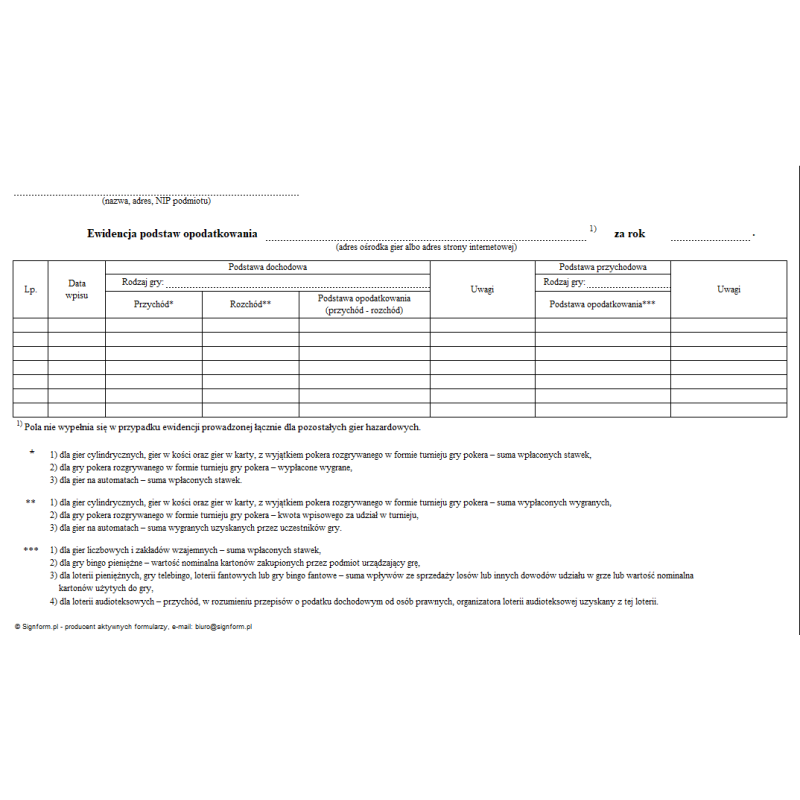 Ewidencja podstaw opodatkowania (gry hazardowe)