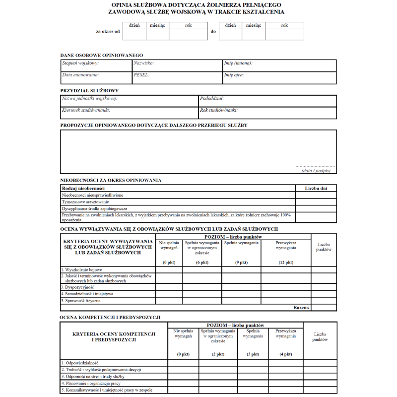 Opinia służbowa dotycząca żołnierza pełniącego zawodową służbę wojskową w trakcie kształcenia