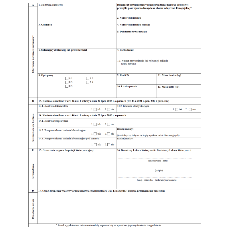 Dokument potwierdzający przeprowadzenie kontroli urzędowej przesyłki pasz