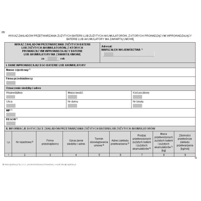 Wykaz zakładów przetwarzania zużytych baterii lub zużytych akumulatorów, z których prowadzącymi wprowadzający baterie lub akumulatory ma zawartą umowę