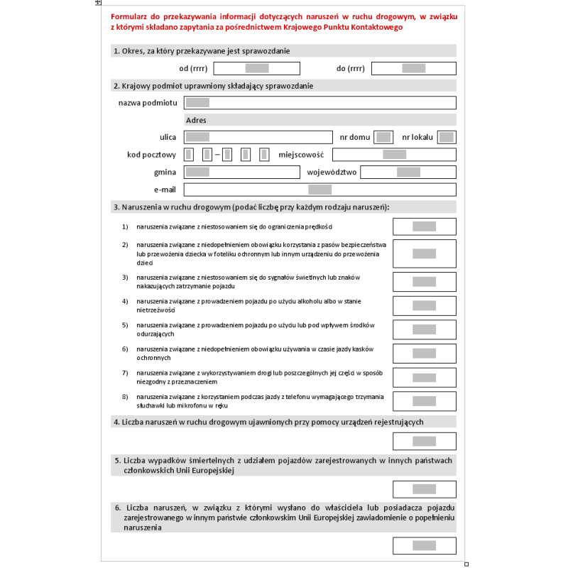 Formularz do przekazywania informacji dotyczących naruszeń w ruchu drogowym, w związku z którymi składano zapytania za pośrednictwem Krajowego Punktu Kontaktowego