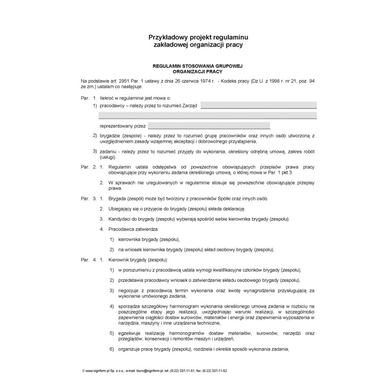 Przykładowy projekt regulaminu zakładowej organizacji pracy