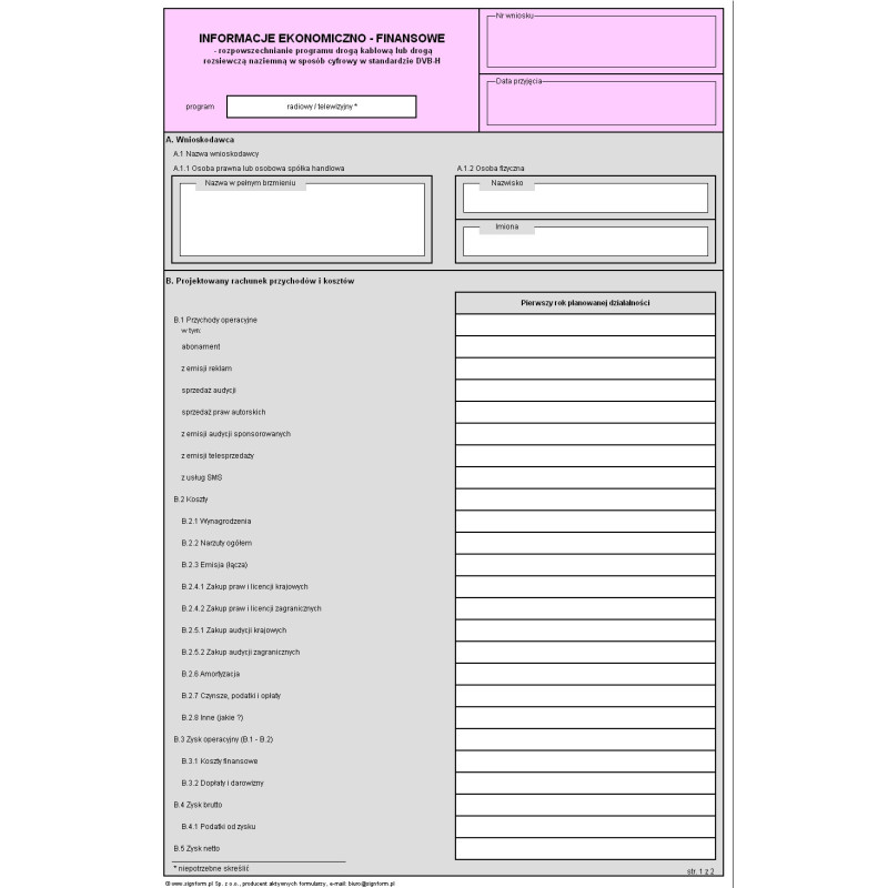 Informacje ekonomiczno-finansowe - rozpowszechnianie programu drogą kablową lub drogą rozsiewczą naziemną w sposób cyfrowy w standardzie DVB-H