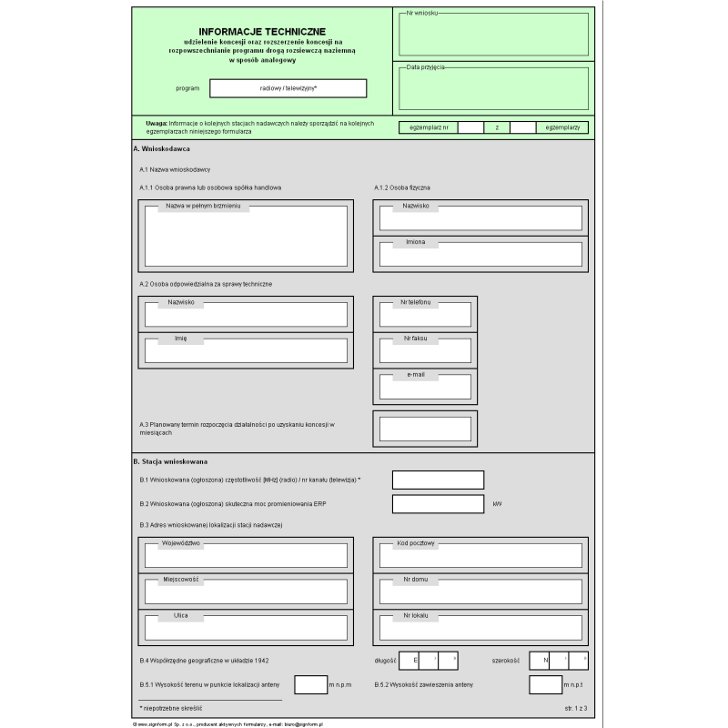 Informacje techniczne -  udzielenie koncesji oraz rozszerzenie koncesji na rozpowszechnianie programu drogą rozsiewczą naziemną w sposób analogowy