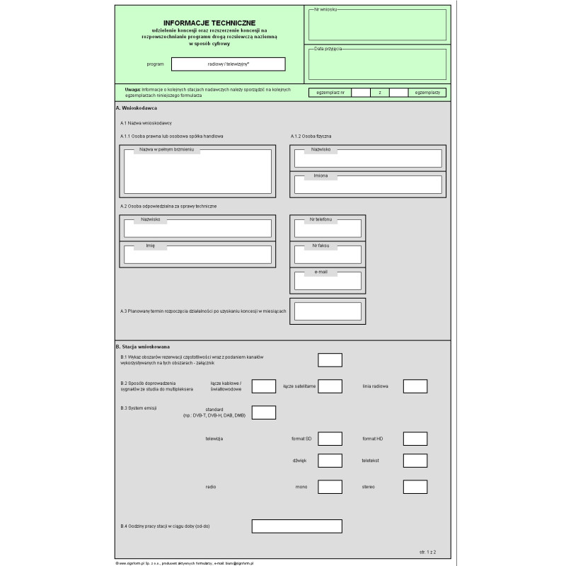 Informacje techniczne - udzielenie koncesji oraz rozszerzenie koncesji na rozpowszechnianie programu drogą rozsiewczą naziemną w sposób cyfrowy