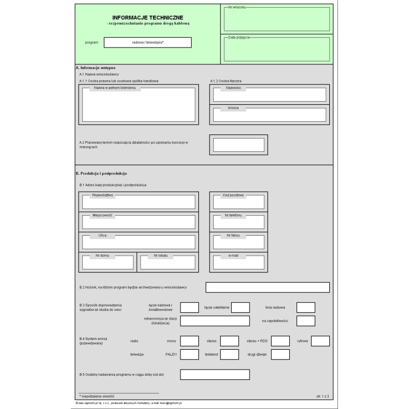 Informacje techniczne - rozpowszechnianie programu radiowego / telewizyjnego drogą kablową