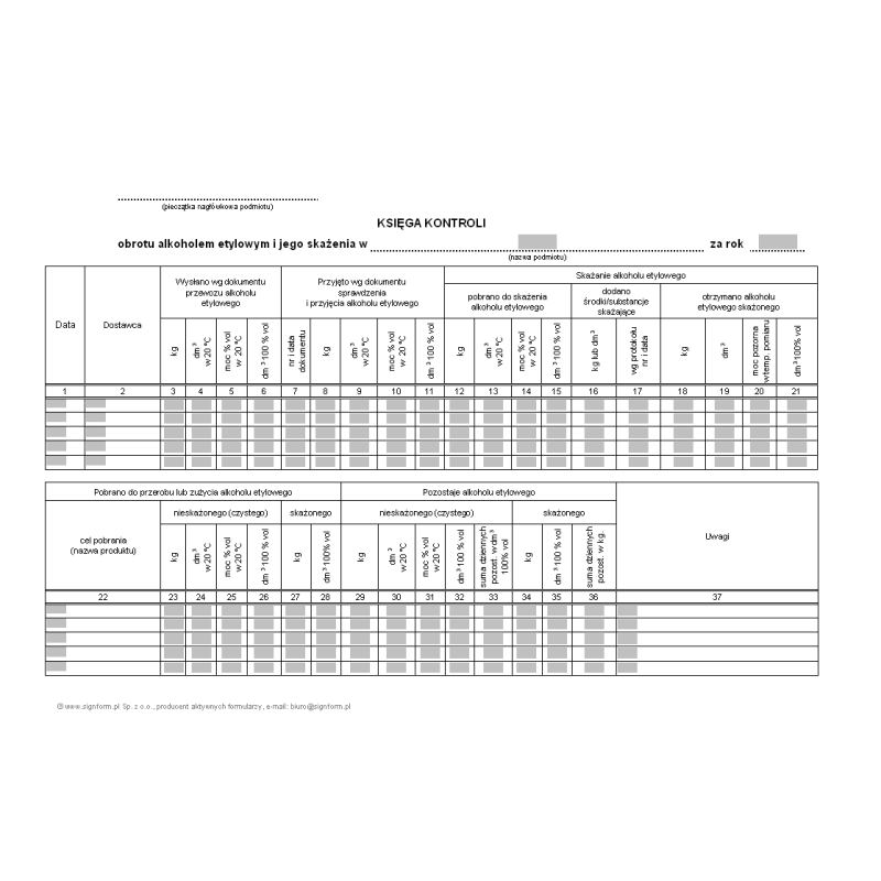 Księga kontroli obrotu alkoholem etylowym i jego skażenia